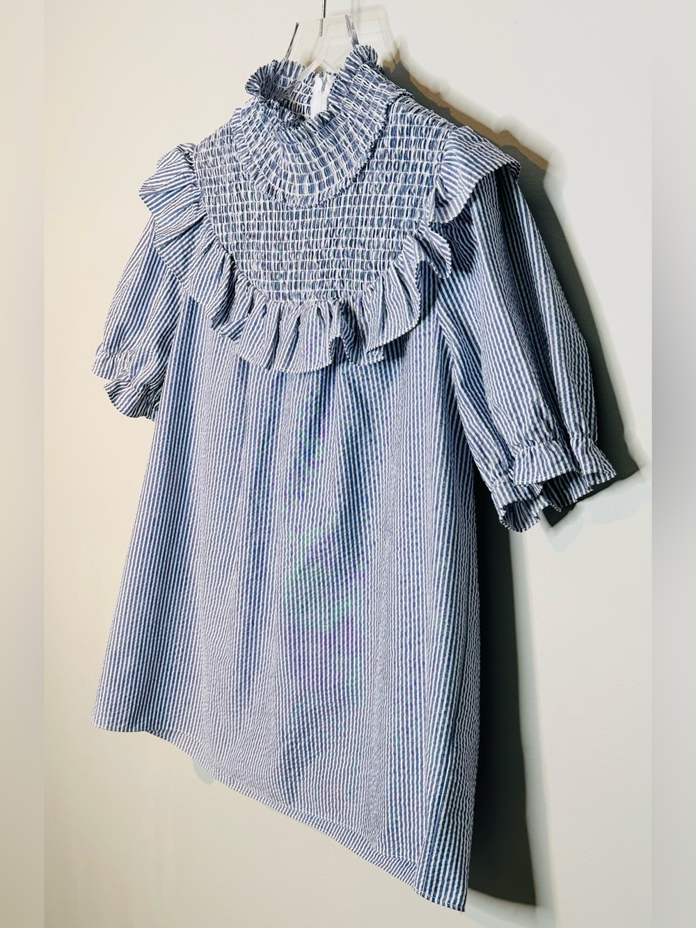 Sail To Sable Blue White Seersucker Smocked Ruffle Neck Blouse Shirt Top - Picture 4 of 9